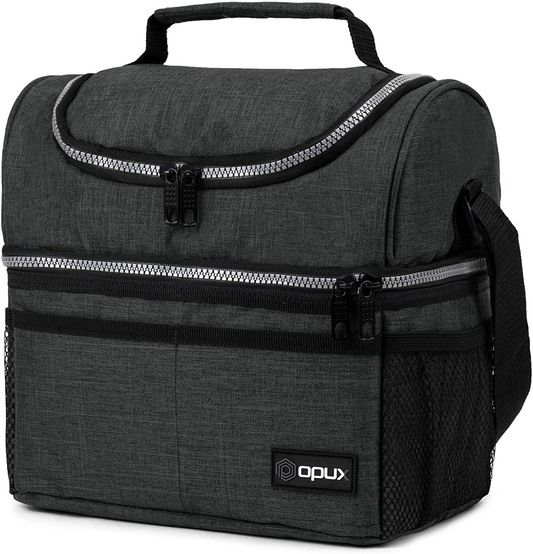 Insulated Dual Compartment Lunch Bag for Men, Women | Double Deck Reusable Lunch Box Cooler with Shoulder Strap, Leakproof Liner | Medium Lunch Pail for School, Work, Office (Charcoal Gray)