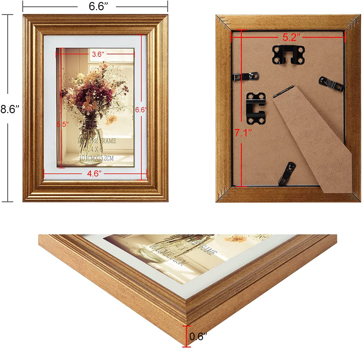 MEBRUDY 4x6 Picture Frames Set of 6, Display Pictures 4x6 with Mat or 5x7 Without Mat, Gold Photo Frames for Wall Mount or Table Top