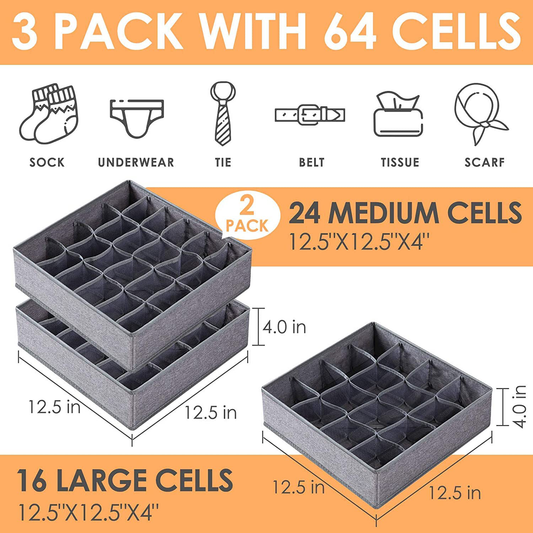 3 Pack Sock Underwear Organizer Dividers, 64 Cell Drawer Organizers Fabric Foldable Cabinet Closet Organizers and Storage Boxes for Storing Socks, Underwear, Ties (16+24+24 Cell, Gray)