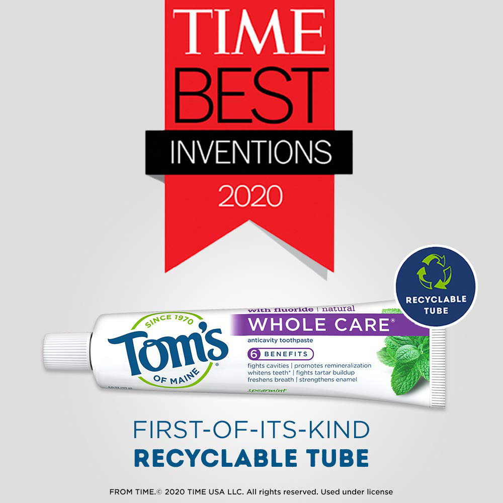 Tom's of Maine Whole Care Natural Toothpaste with Fluoride, Spearmint, 4 oz. 3-Pack