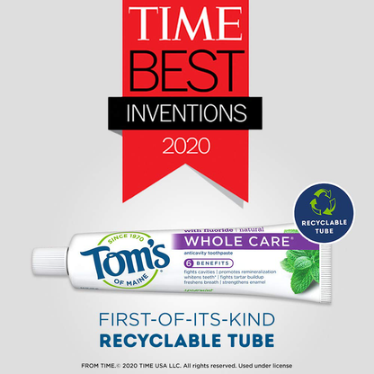 Tom's of Maine Whole Care Natural Toothpaste with Fluoride, Spearmint, 4 oz. 3-Pack