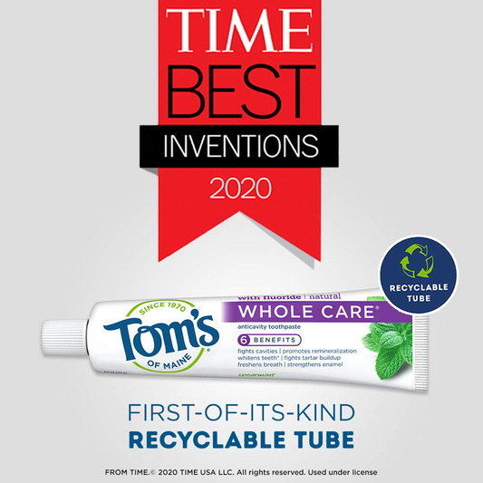 Tom's of Maine Whole Care Natural Toothpaste with Fluoride, Spearmint, 4 oz. 3-Pack