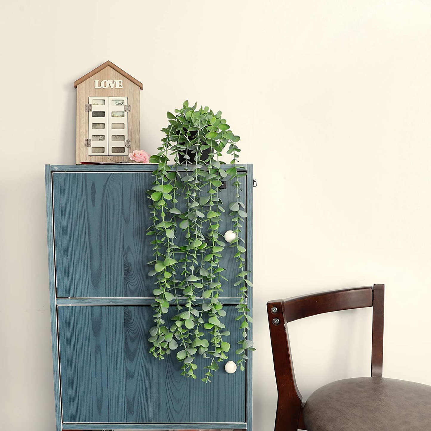 Funarty Fake Plants Decor Small Artificial Hanging Plants Fake Eucalyptus Potted Plants Faux Greenery Vine Plant with Black Pot for Home Indoor Outdoor Décor