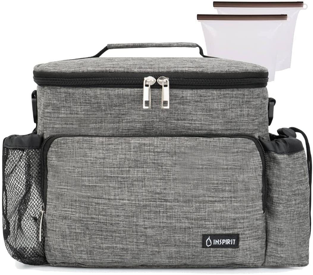 Inspirit Lunch Bag for Women - Mens Lunch Box, 14-Can Meal Prep Lunch Bag, Lunch Bags for Men, Soft Cooler Lunch Tote, Insulated Lunch Box Large Lunch Bag with 2 Silicone Bags (Charcoal Grey)