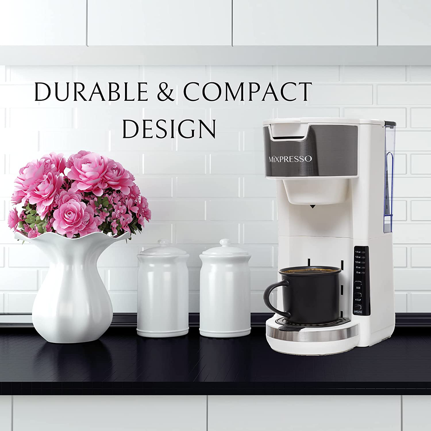 Mixpresso Single Serve 2 in 1 Coffee Brewer K-Cup Pods Compatible & Ground Coffee,Compact Coffee Maker Single Serve With 30 oz Detachable Reservoir, 5 Brew Size and Adjustable Drip Tray