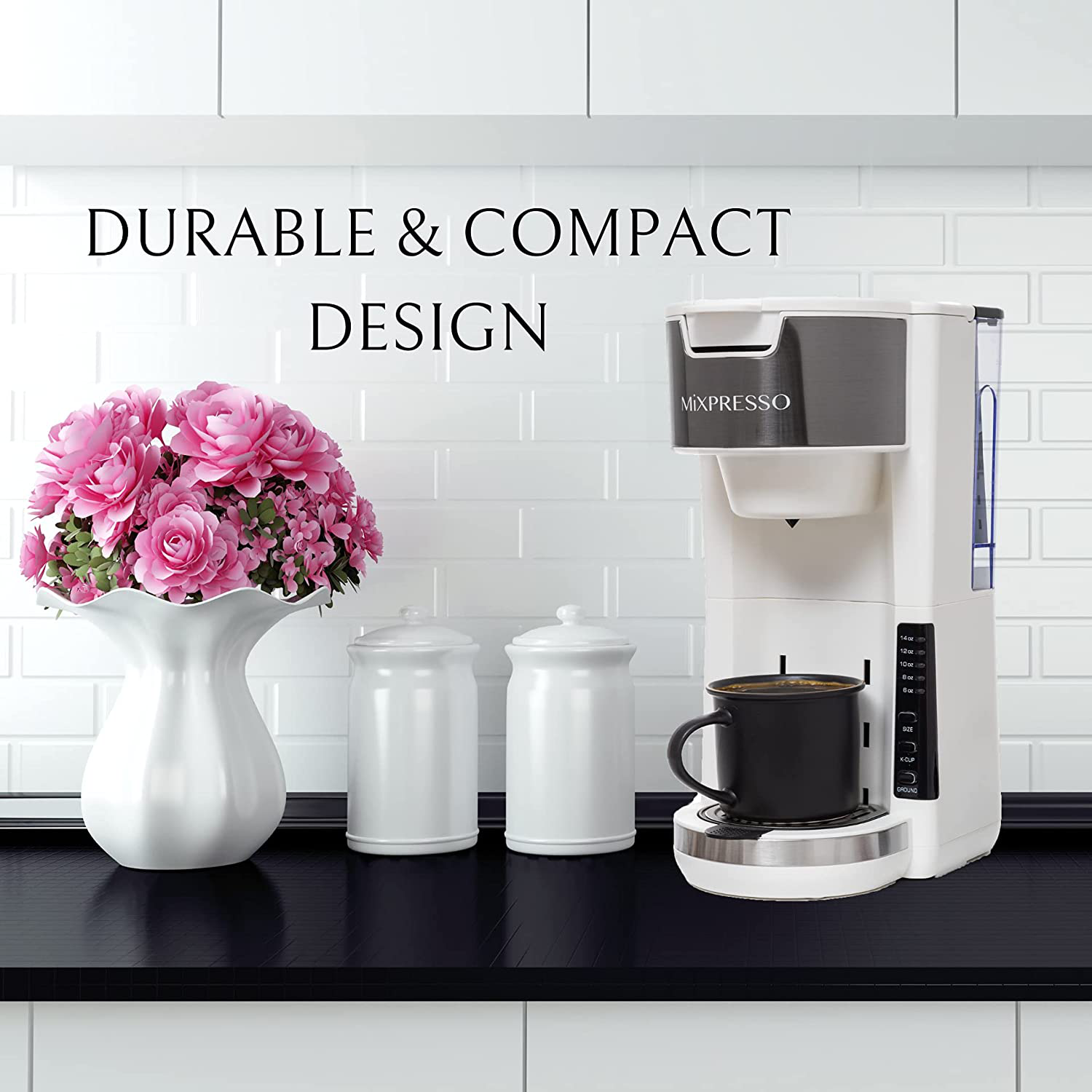 Mixpresso Single Serve 2 in 1 Coffee Brewer K-Cup Pods Compatible & Ground Coffee,Compact Coffee Maker Single Serve With 30 oz Detachable Reservoir, 5 Brew Size and Adjustable Drip Tray