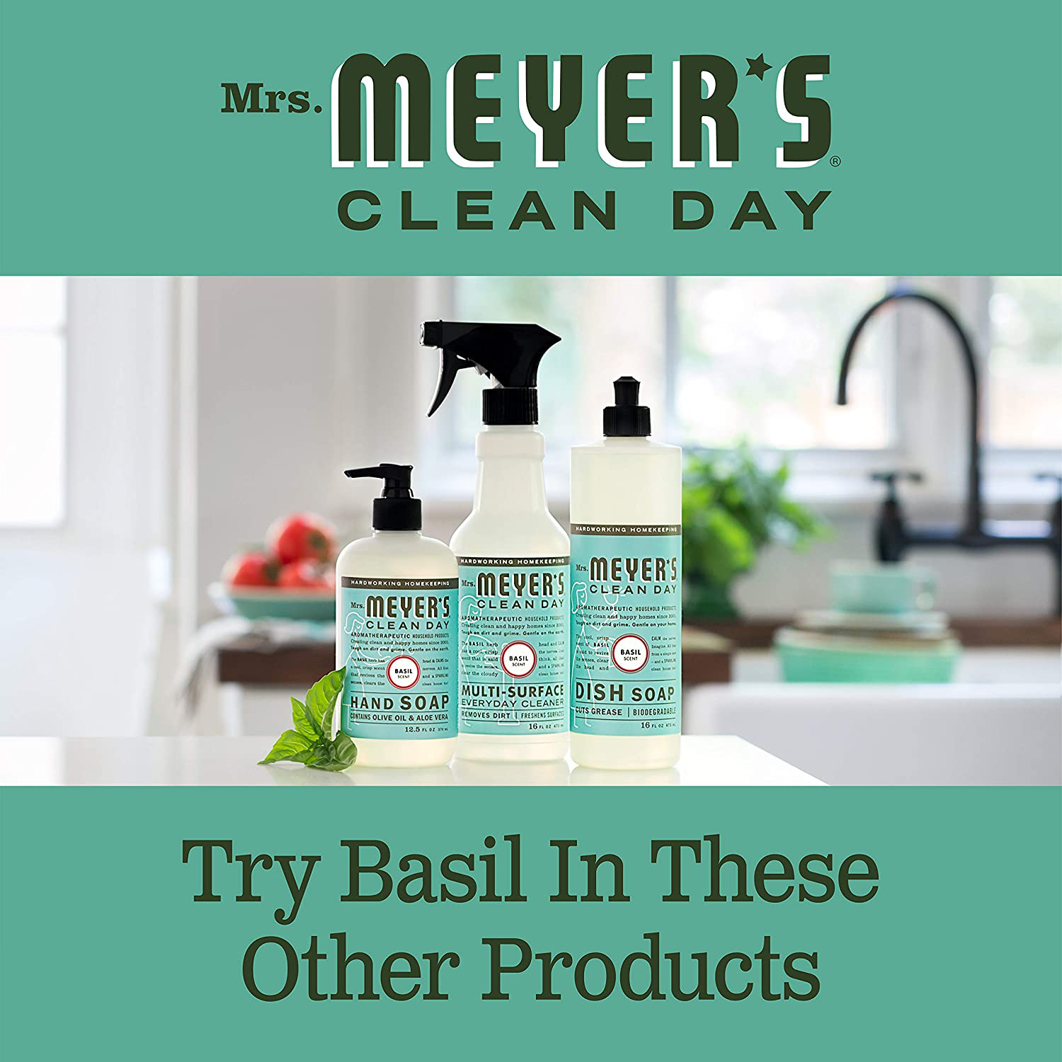 Mrs. Meyer's Clean Day Liquid Hand Soap, Cruelty Free and Biodegradable Hand Wash Formula Made with Essential Oils, Basil Scent, 12.5 oz - Pack of 3