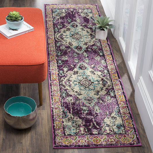 Safavieh Monaco Collection MNC243L Boho Chic Medallion Distressed Non-Shedding Stain Resistant Living Room Bedroom Runner, 2'2" x 6' , Violet / Light Blue