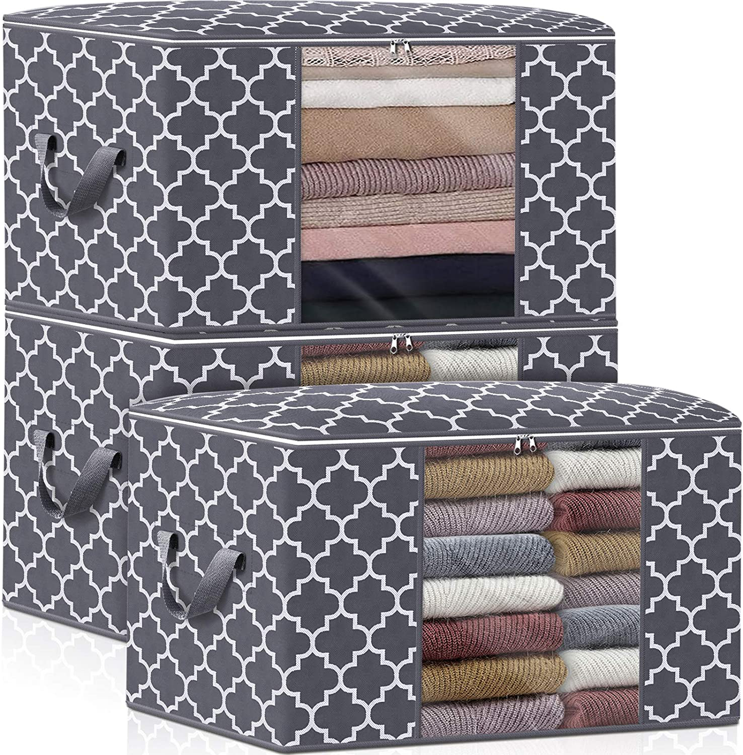 WISELIFE Clothes Storage Bags 100L [3 Pack ], Large Capacity Blanket Storage Containers Organizers for Comforters,Bedding,Clothing,Foldable 3 Layer Fabric,Sturdy Zippers,Reinforced Handle,Clear Window,Grey