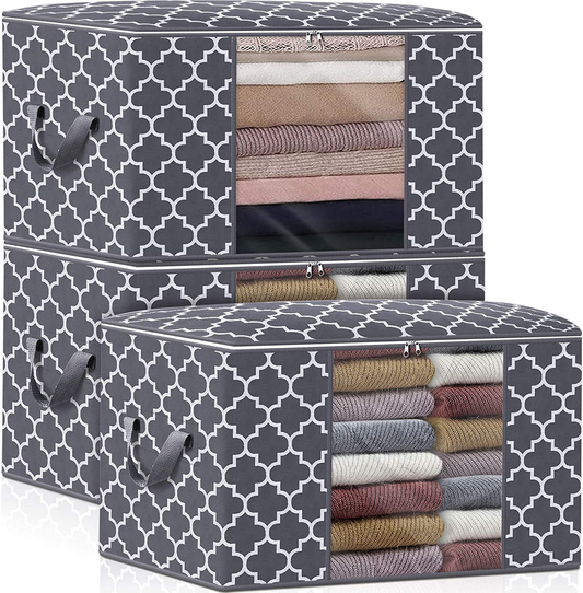 WISELIFE Clothes Storage Bags 100L [3 Pack ], Large Capacity Blanket Storage Containers Organizers for Comforters,Bedding,Clothing,Foldable 3 Layer Fabric,Sturdy Zippers,Reinforced Handle,Clear Window,Grey