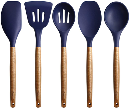 Miusco Non-Stick Silicone Cooking Utensils Set with Natural Acacia Hard Wood Handle, 5 Piece, Grey, High Heat Resistant