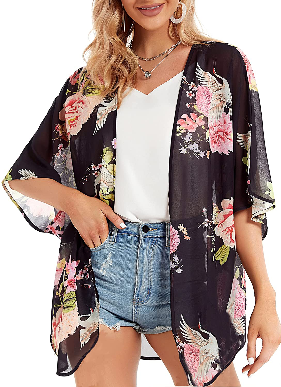 Women's Floral Print Puff Sleeve Kimono Cardigan Loose Cover Up Casual Blouse Tops