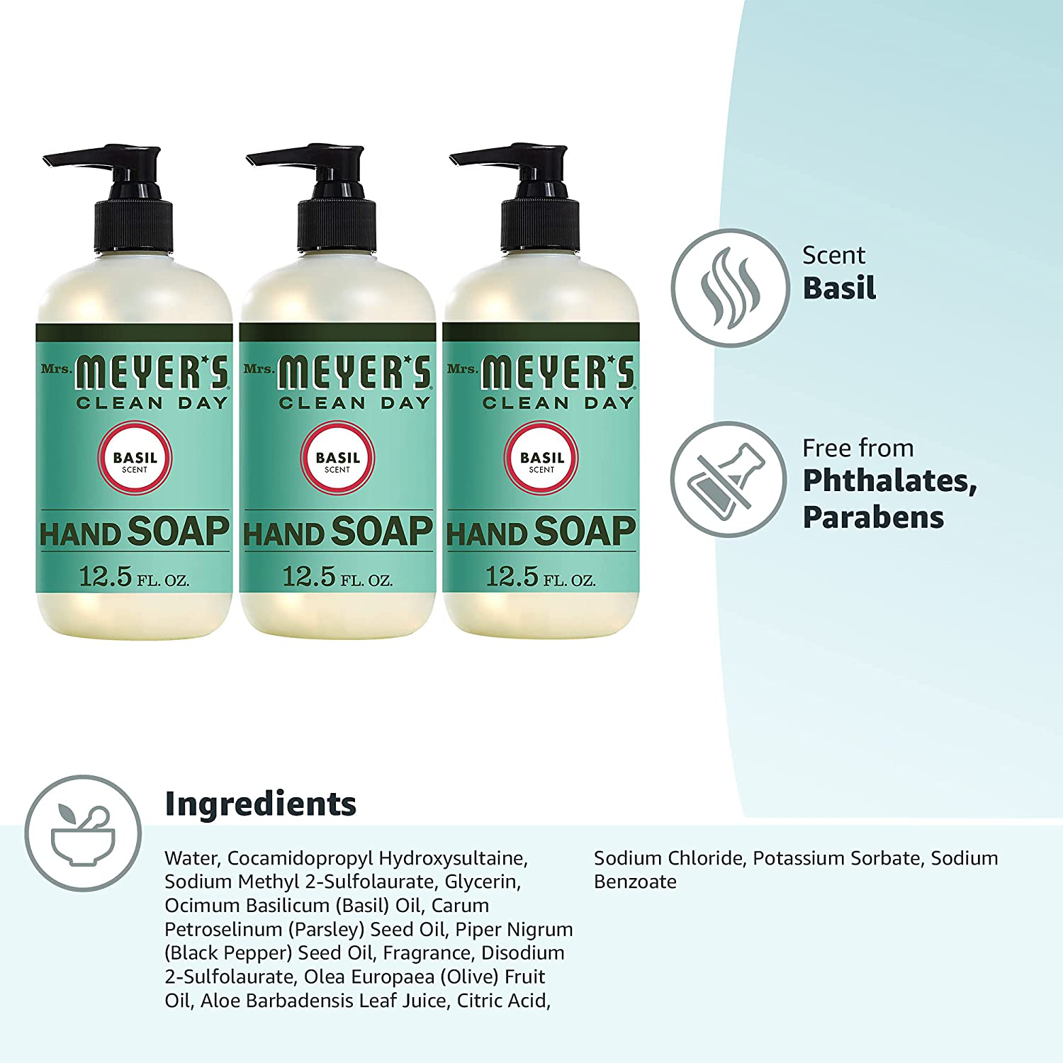 Mrs. Meyer's Clean Day Liquid Hand Soap, Cruelty Free and Biodegradable Hand Wash Formula Made with Essential Oils, Basil Scent, 12.5 oz - Pack of 3
