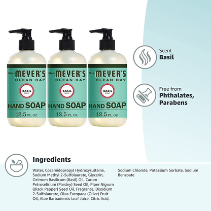 Mrs. Meyer's Clean Day Liquid Hand Soap, Cruelty Free and Biodegradable Hand Wash Formula Made with Essential Oils, Basil Scent, 12.5 oz - Pack of 3