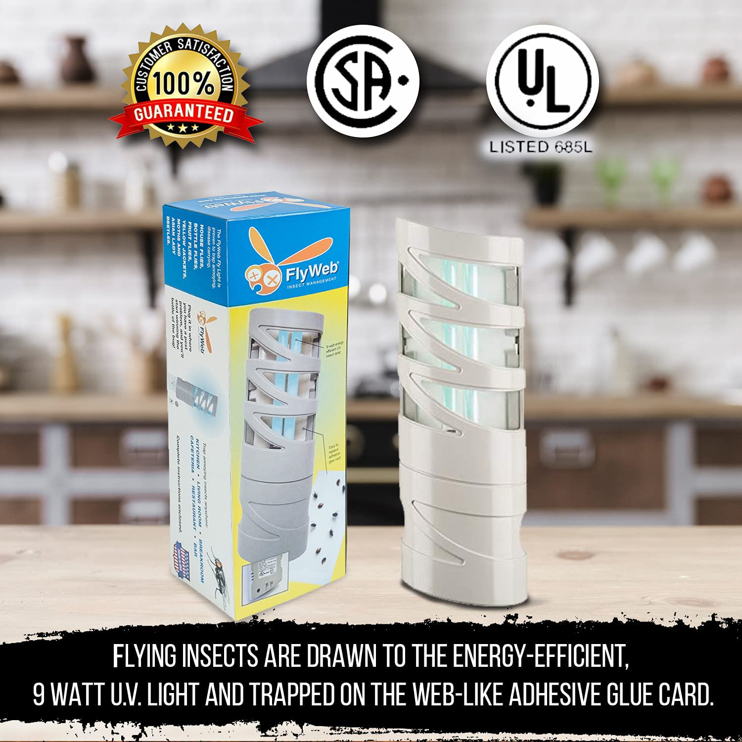 Gardner FlyWeb Classic Fly Light – Attract and Trap Fruit Flies, Mosquitoes, and other Flying Insects – Plugs into Outlet – Non-Toxic Glueboard – Great for Homes, Kitchens, Bedrooms, Offices, Workspaces – 9 Watt UV – Made in USA