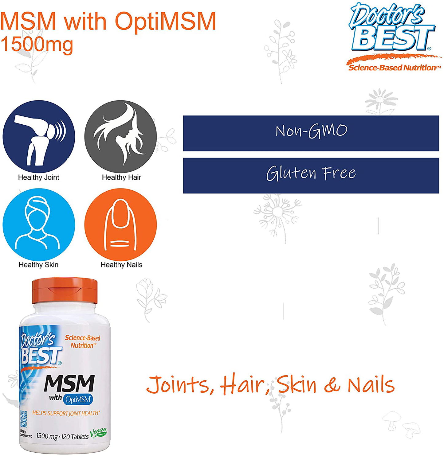 Doctor's Best MSM with OptiMSM, Non-GMO, Gluten Free, Joint Support, 1500 mg, 120 Tablets (DRB-00097)