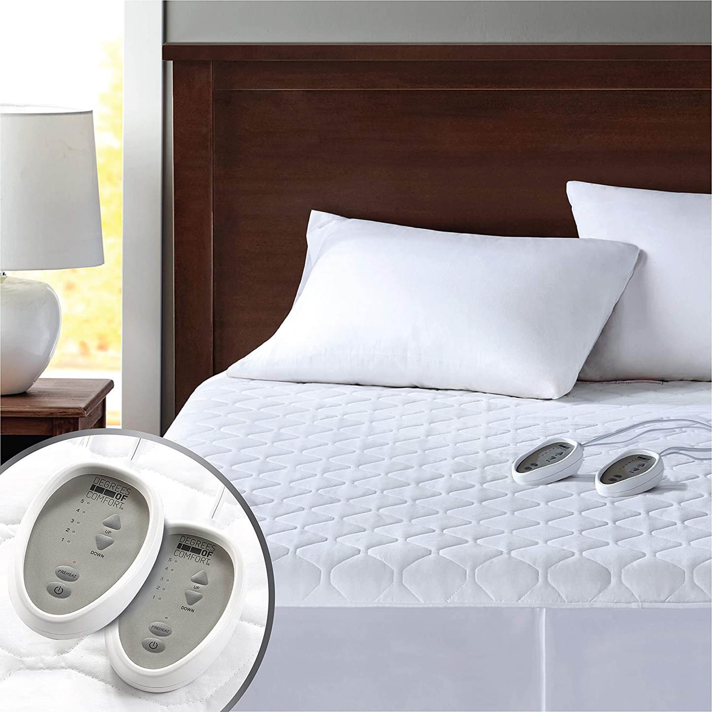 Degrees of Comfort Dual Control Heated Mattress Pad Queen Size | Zone Heating Electric Bed Warmer W/ Auto Shut Off | Fit Up to 15 Inch | 12.5ft Long Cord - 60x80 Inch, White