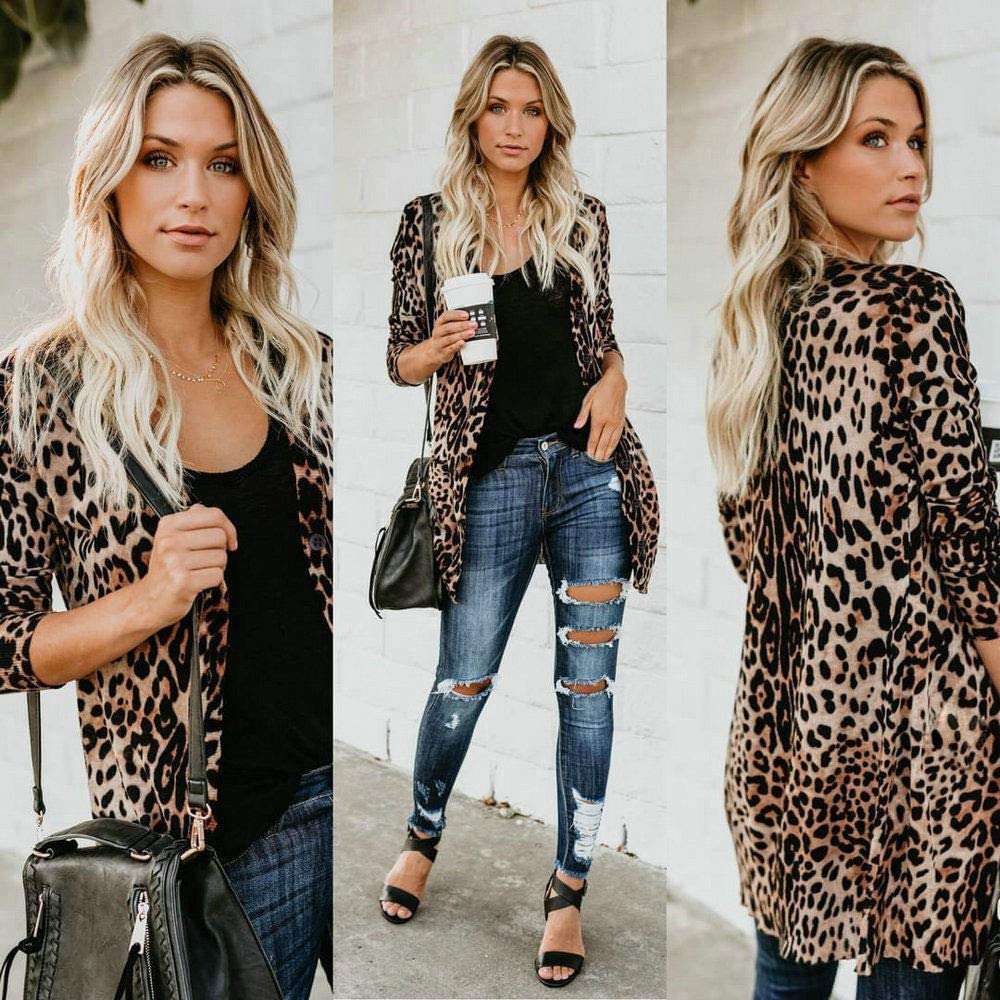 MYIFU Women's Leopard Print Sweater Cardigan Button Down Open Front Lightweight Shirt Outerwear with Pockets