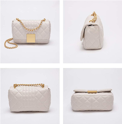 Women's Quilted Genuine Leather Quilted Chain Purse Shoulder Bag Small Crossbody Bag Purse