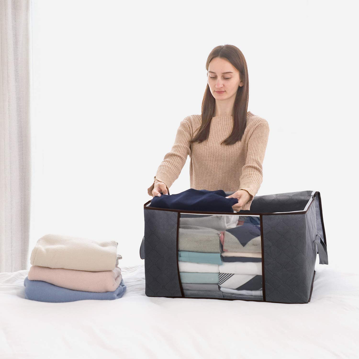 Lifewit Large Capacity Clothes Storage Bag Organizer with Reinforced Handle Thick Fabric for Comforters, Blankets, Bedding, Foldable with Sturdy Zipper, Clear Window, 6 Pack, 90L, Grey