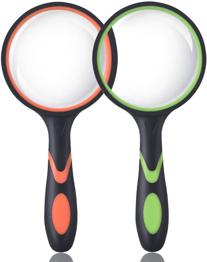 Ocim (2 Pcs) 10X Magnifying Glass, Handheld Reading Magnifier, 75mm Magnify Glasses Lens, Rubbery with Non-Slip Soft Handle for Seniors Reading and Kids Nature Exploration