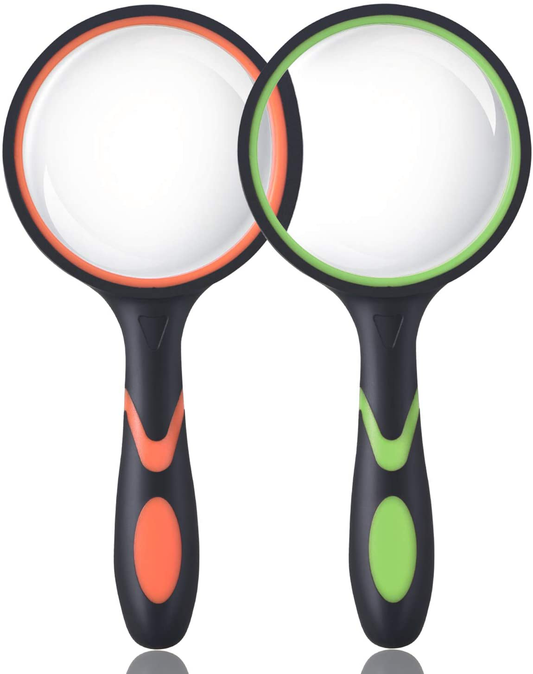 Ocim (2 Pcs) 10X Magnifying Glass, Handheld Reading Magnifier, 75mm Magnify Glasses Lens, Rubbery with Non-Slip Soft Handle for Seniors Reading and Kids Nature Exploration