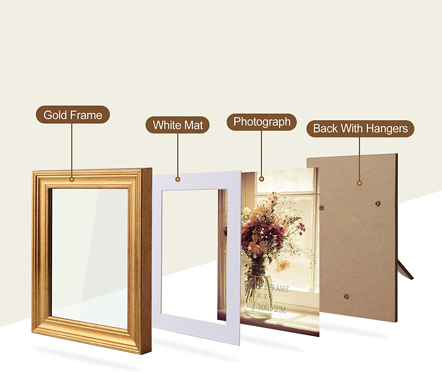 MEBRUDY 4x6 Picture Frames Set of 6, Display Pictures 4x6 with Mat or 5x7 Without Mat, Gold Photo Frames for Wall Mount or Table Top