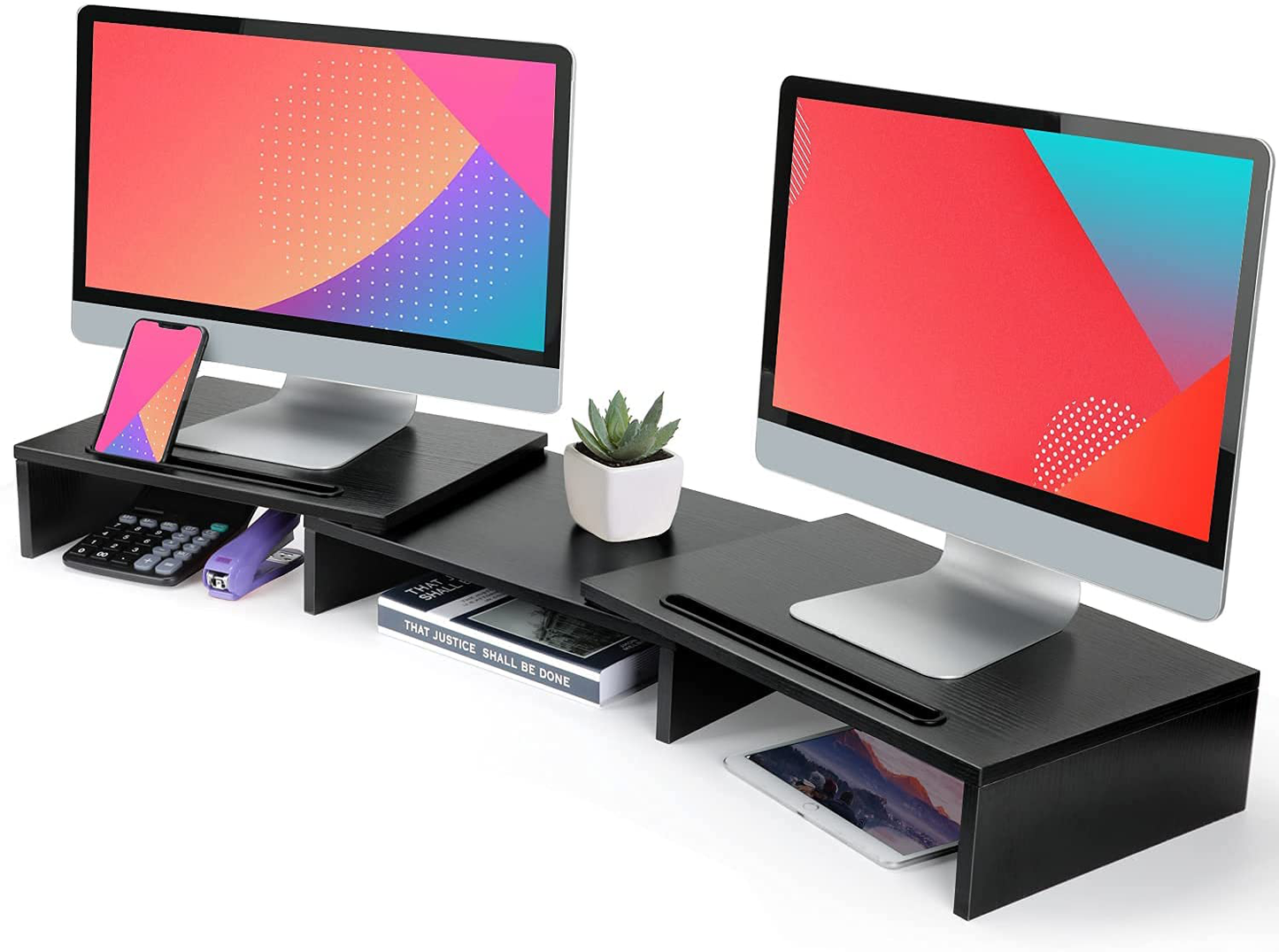LORYERGO Dual Monitor Stand - Monitor Stand Riser, Adjustable Computer Stand, w/Slot for Tablet & Cellphone，Screen Stand w/Big Storage, Double Monitor Riser for PC, Computer, Laptop