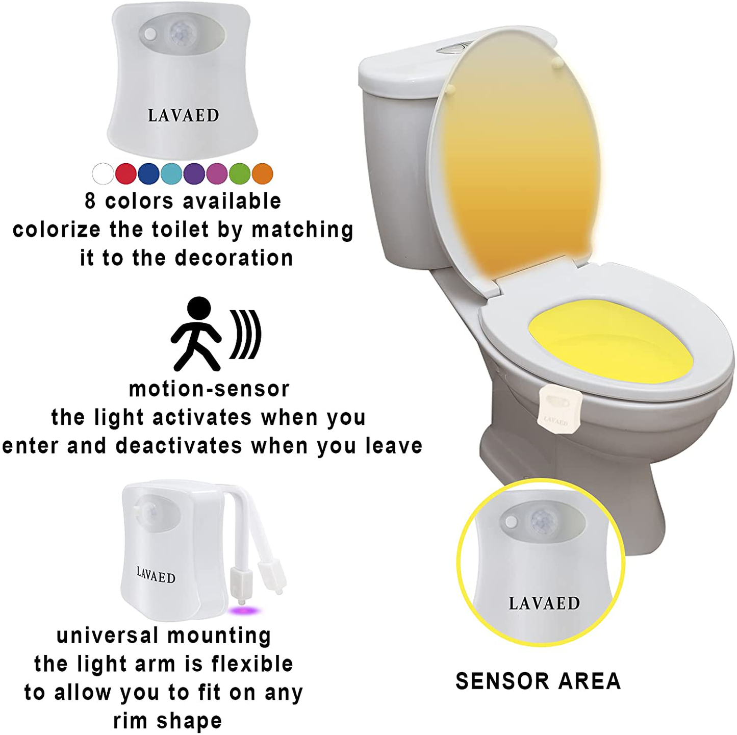 LAVAED Motion Sensor Toilet Night Light Home Toilet Light Bathroom Body Motion Sensor Toilet Bowl Seat Light Lamp 8-Color Changes (1 Pack)
