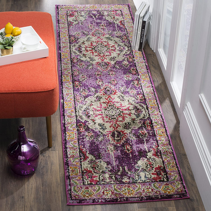 Safavieh Monaco Collection MNC243P Boho Chic Medallion Distressed Non-Shedding Stain Resistant Living Room Bedroom Runner, 2'2" x 12' , Violet / Fuchsia