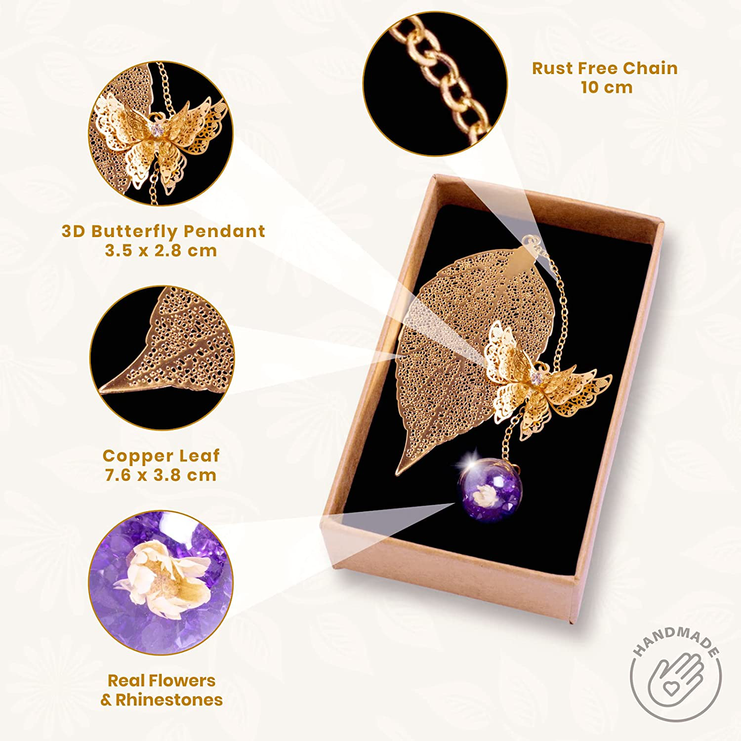 Metal Leaf Bookmark with 3D Butterfly Pendant