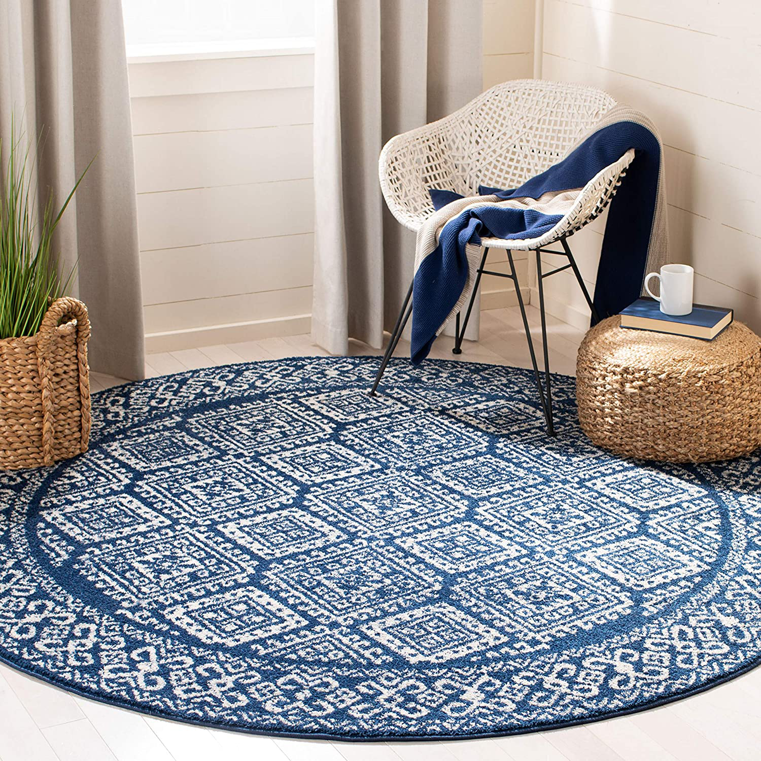 Safavieh Tulum Collection TUL264N Moroccan Boho Distressed Non-Shedding Stain Resistant Living Room Bedroom Area Rug, 6'7" x 6'7" Round, Navy / Ivory