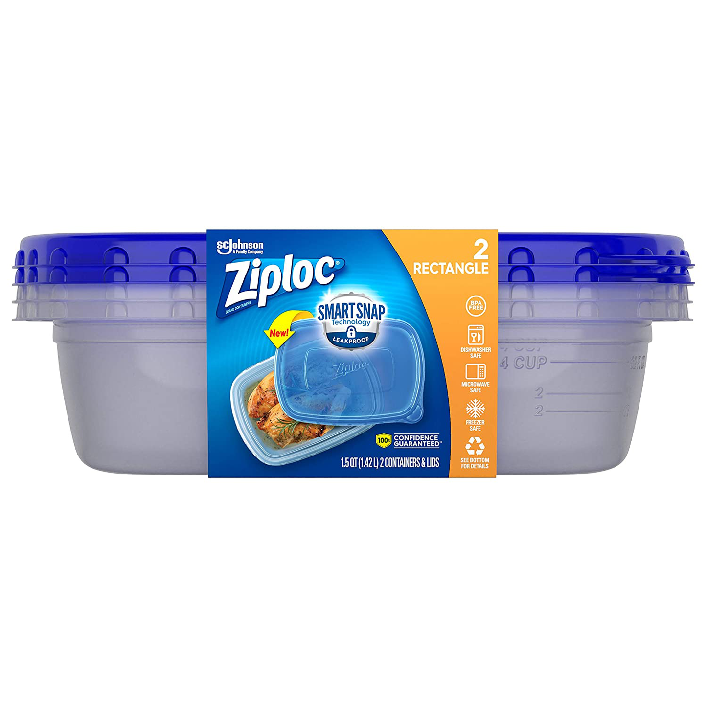 Ziploc Food Storage Meal Prep Containers Reusable for Kitchen Organization, Smart Snap Technology, Dishwasher Safe, Divided Rectangle, 2 Count