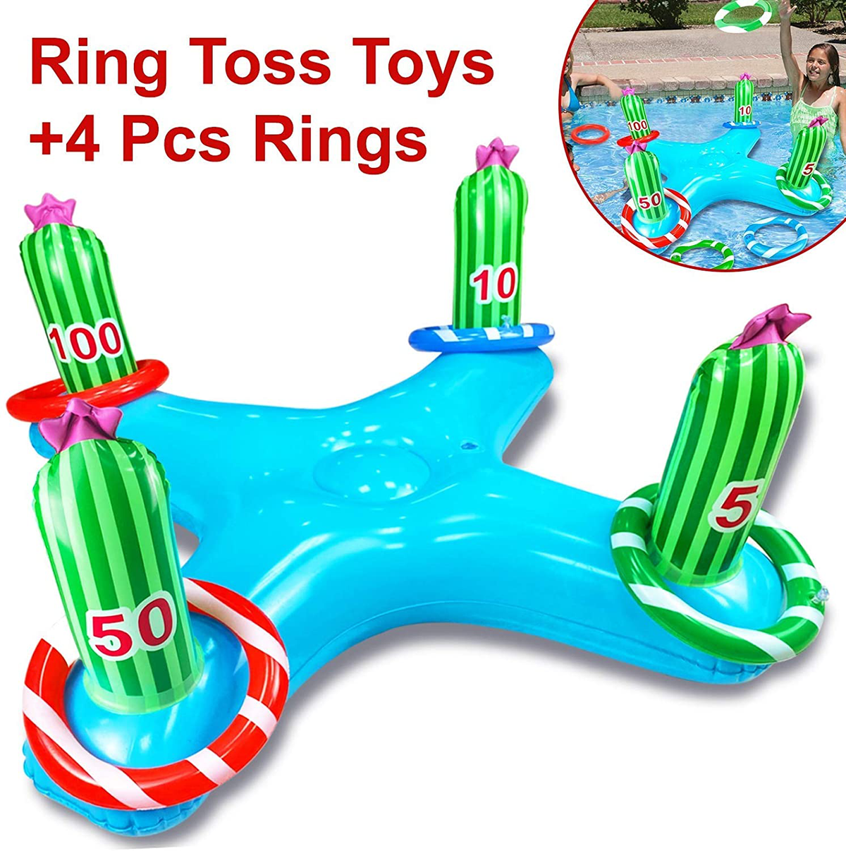 Inflatable Pool Toys Large Pool Cactus Ring Toss Games, Floating Swimming Pool Toy for Kids Teens Summer Beach Backyard Outdoor Water Play Family Party Pool Accessories(44 x44x 18.5 inch)
