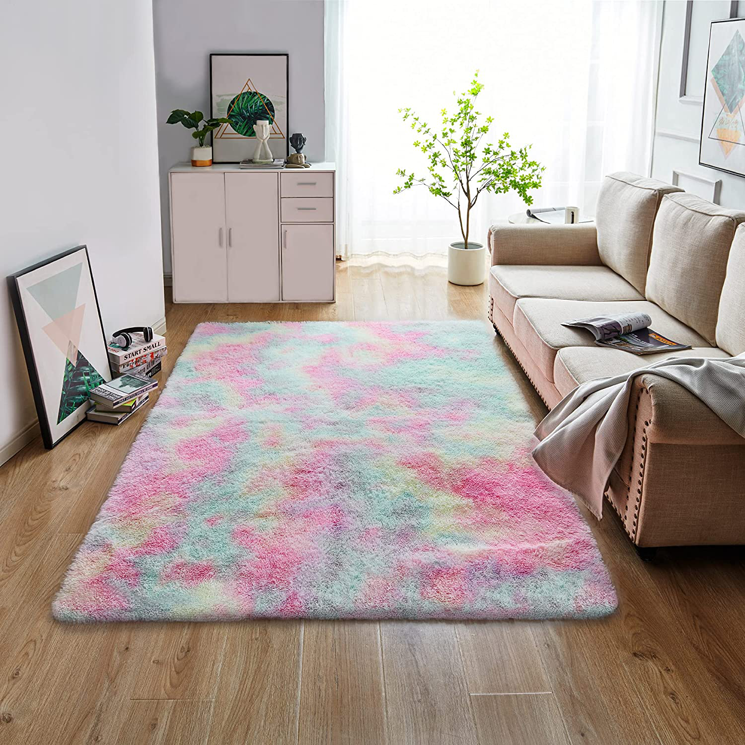 GKLUCKIN Shag Ultra Soft Area Rug, Non-Skid Fluffy 5'x8' Tie-Dyed Light Grey Fuzzy Indoor Faux Fur Rugs for Living Room Bedroom Nursery Decor Furry Carpet Kids Playroom