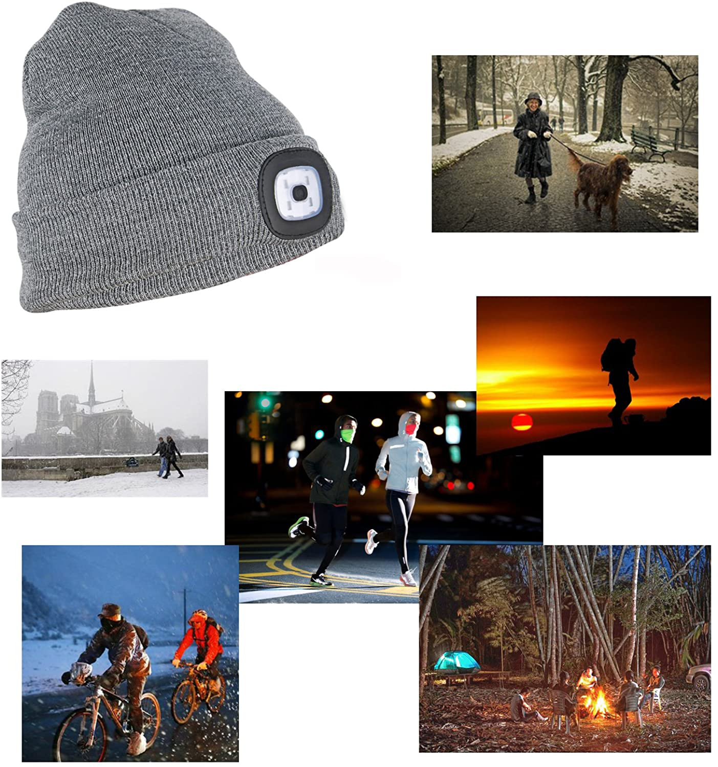 Knitted Unisex Beanie Hat with Light, USB Rechargeable LED Headlamp Flashlight Hat