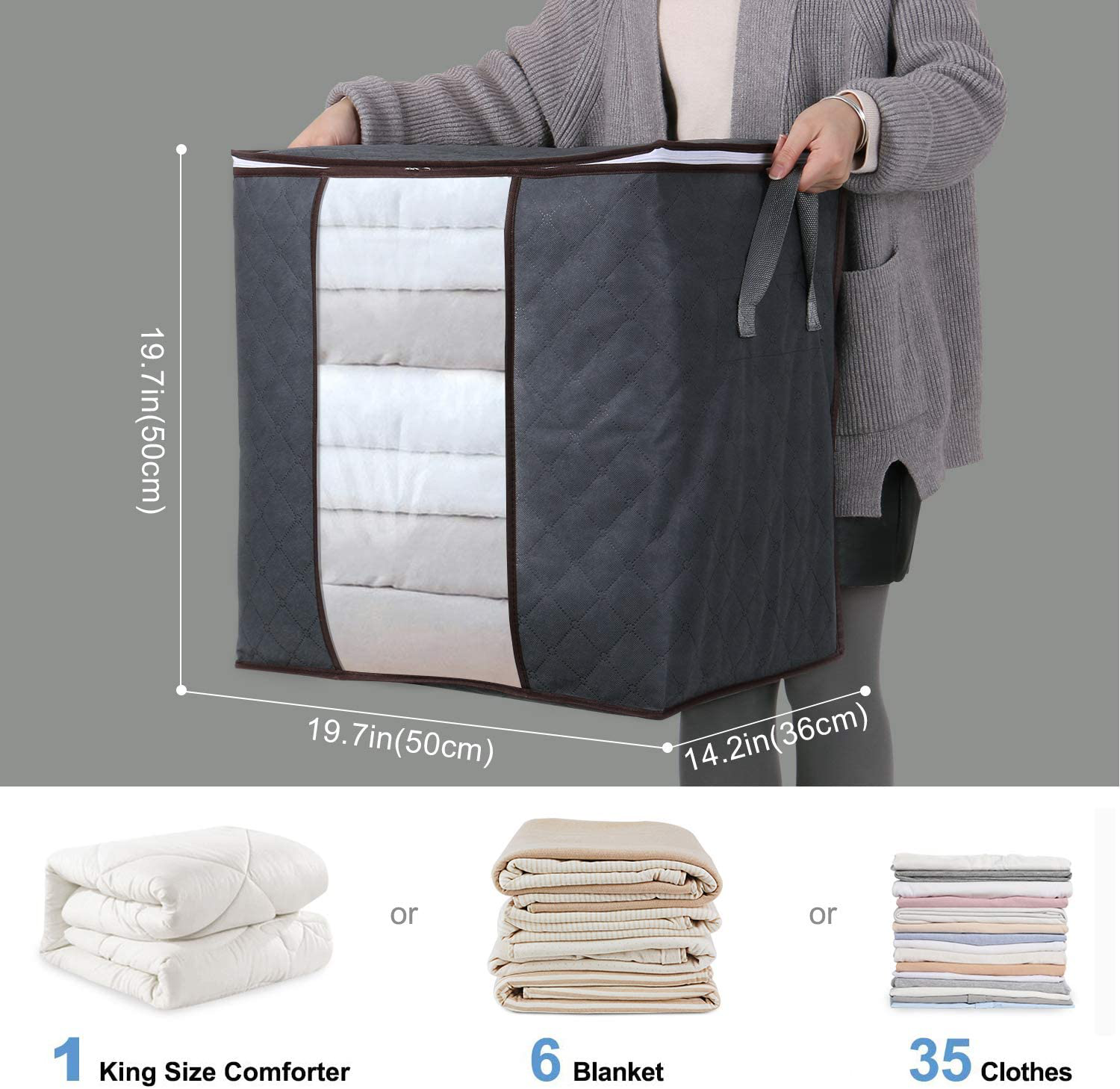 Lifewit Clothes Storage Bag 90L Large Capacity Organizer with Reinforced Handle Thick Fabric for Comforters, Blankets, Bedding, Foldable with Sturdy Zipper, Clear Window, 3 Pack, Black