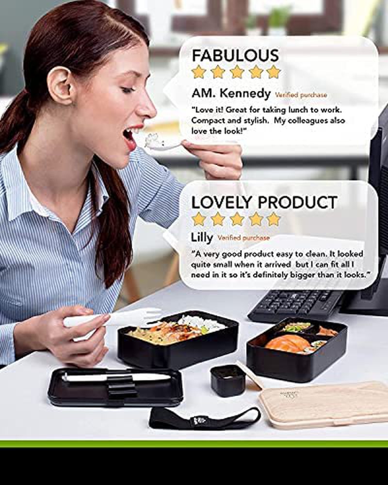 UMAMI Glass & Bamboo Bento Box for Adults/Children, 1 Meal Prep Lunch Box Food Containers for Men/Women, Microwave, Dishwasher & Freezer Safe