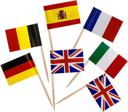 Pack of 100 Flag Toothpick Flags, Small Toothpick Cupcake Toppers, Country Picks, Party Decoration
