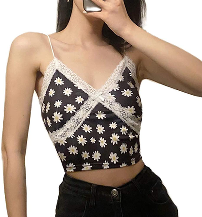 Women Y2K Cropped Tank Tops Sexy V Neck Spaghetti Strap Crop Top Lace Cami Shirt Sleeveless Patchwork Camisole