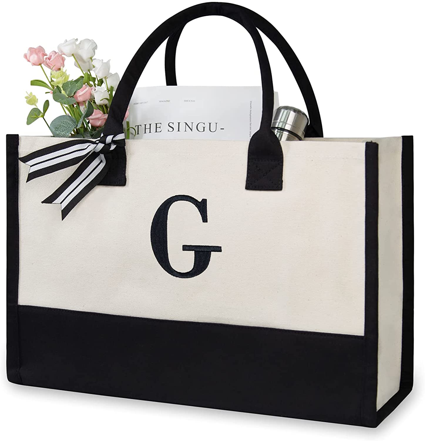 Personalized Initial Canvas Beach Bag, Monogrammed Gift Tote Bag for Women