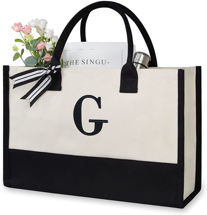 Personalized Initial Canvas Beach Bag, Monogrammed Gift Tote Bag for Women