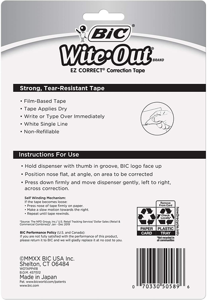BIC Wite-Out Brand EZ Correct Correction Tape, White, Fast, Clean & Easy To Use, Tear-Resistant Tape, 4-Count