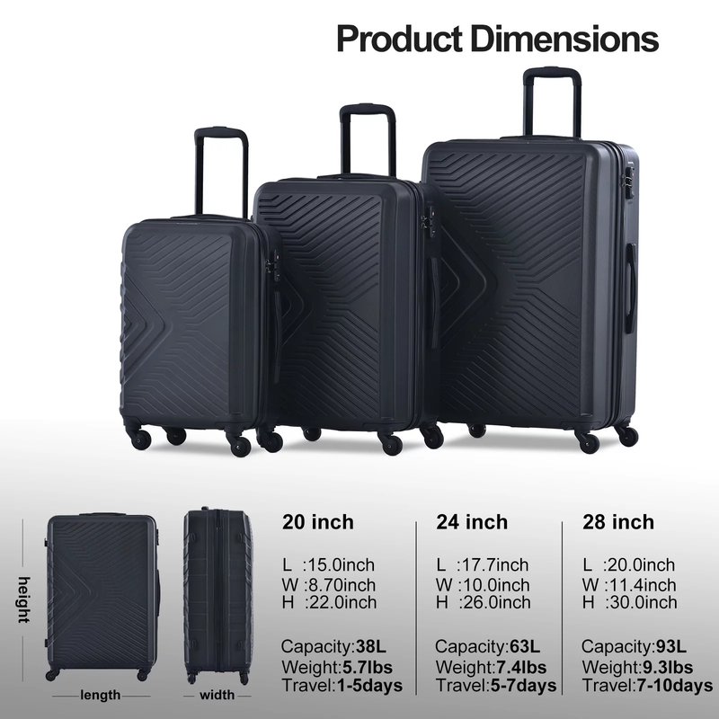 3 Piece Hardshell Luggage Set - Lightweight, TSA Locks,  and Spinner Wheels