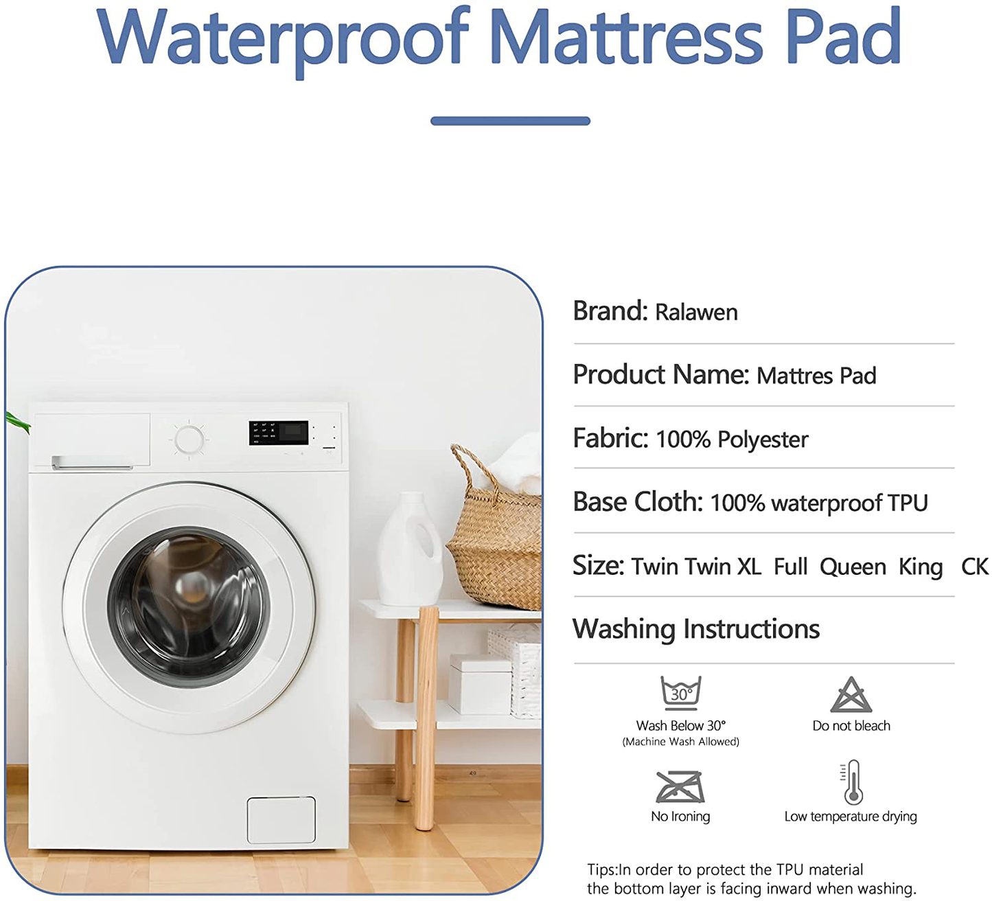 Ralawen Mattress Pad Queen,100% Waterproof Mattress Cover, Breathable Noiseless Mattress Protector with 8-21" Deep Pocket