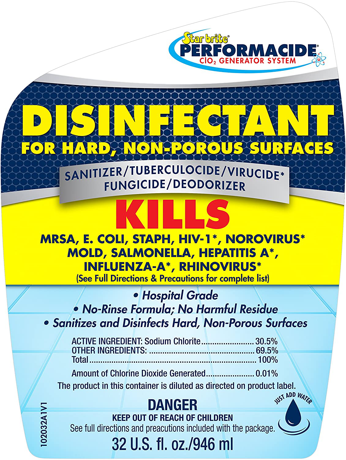 Performacide Hospital & Home Disinfectant - Just Add Water - No Rinse, No Wipe, No Residue - EPA Registered 32 Oz Spray Kit
