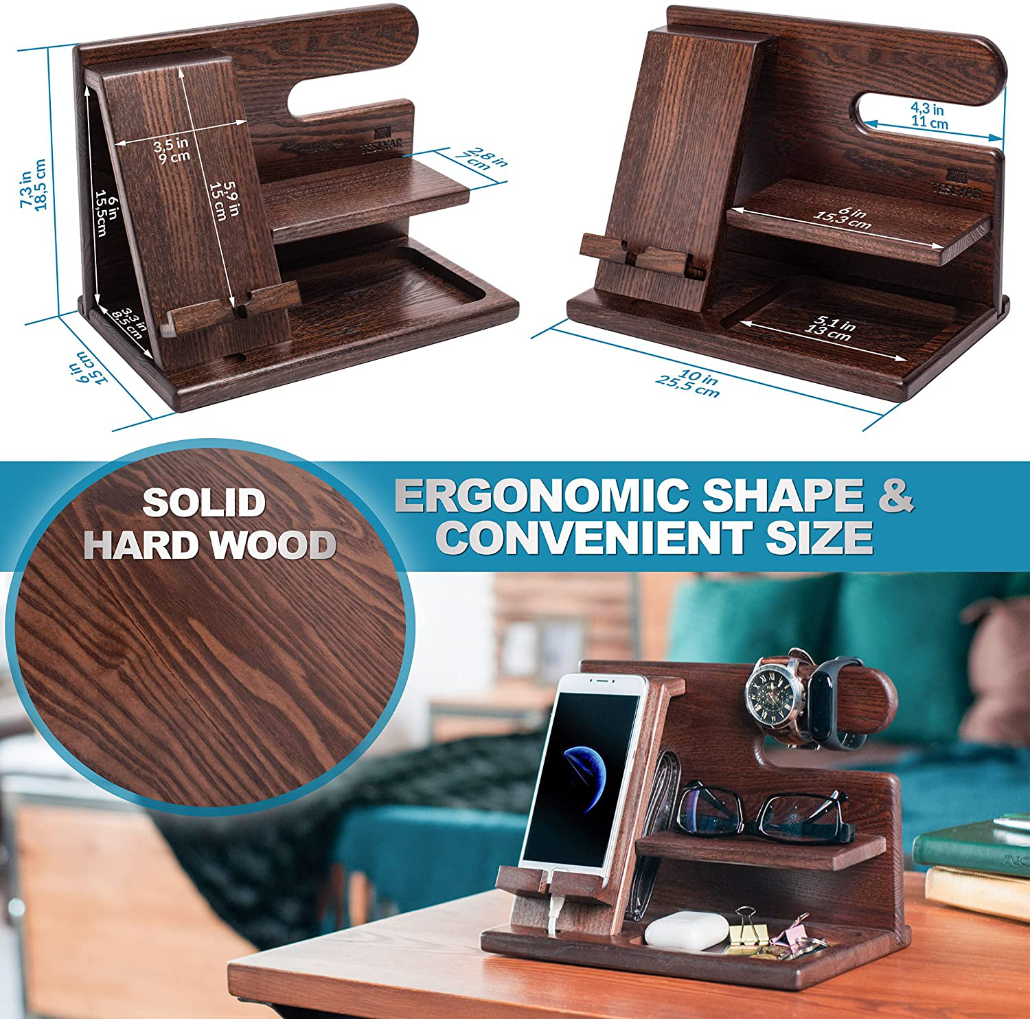 TESLYAR Wood Phone Docking Station Ash Key Holder Wallet Stand Watch Organizer Men Gift Husband Wife Anniversary Dad Birthday Nightstand Purse Father Graduation Male Travel Idea Gadgets (Brown)