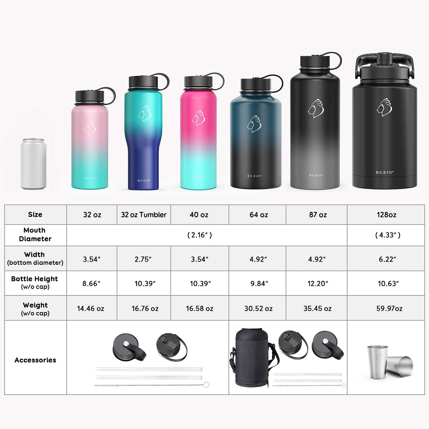 BUZIO Insulated Water Bottle with Straw Lid and Flex Cap, 32oz, 40oz, 64oz, 87oz Modern Double Vacuum Stainless Steel Water Flask, Cold for 48 Hrs Hot for 24 Hrs Simple Thermo Canteen Mug,BPA-Free