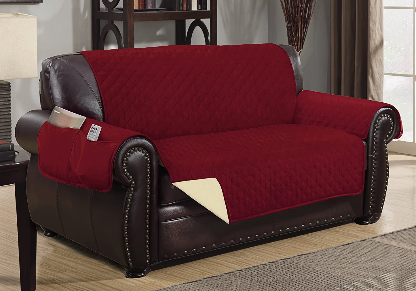 Reversible Quilted Furniture Protector Slipcover - 2 Pockets for Magazines, Newspapers, Remotes - Machine Washable 