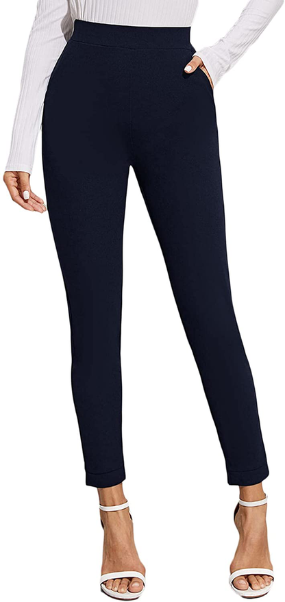 SOLY HUX Women's Pocket Side Elastic High Waist Elegant Trousers Skinny Pants